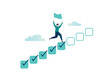 © Viktoria Kurpas - Progress from start to success, development or improvement, completing tasks to complete a project, a businessman's step on a checklist to achieve a goal, vector illustration