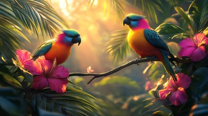 Birds of paradise perched gracefully on hibiscus branches, surrounded by lush palm leaves, vibrant hues of pink, green, and blue, sunlight filtering through, highly detailed, serene and tropical.