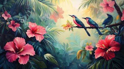 Birds of paradise perched gracefully on hibiscus branches, surrounded by lush palm leaves, vibrant hues of pink, green, and blue, sunlight filtering through, highly detailed, serene and tropical.