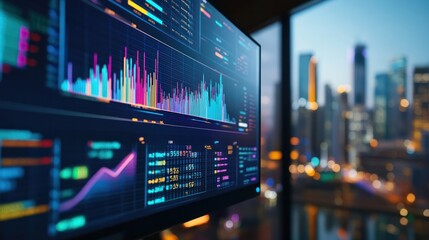 Poster - a large monitor showing colorful financial charts and data metrics with a city skyline in the background Emphasis