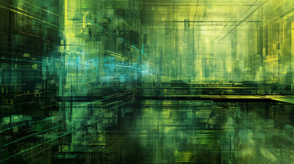  - Futuristic tech wallpaper with green and blue codes cascading over a layered grid, evoking the feel of an advanced digital control room.  technology background 