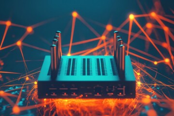 Poster - A router is illuminated by abstract glowing lines and network cables, showcasing a dynamic technology atmosphere at twilight. Generative AI