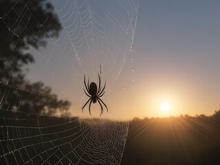spider on the web in the sunrise 