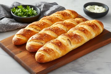 Wall Mural - Close-up of freshly baked baguettes with a crisp golden crust, capturing the artisan, rustic quality of freshly baked bread, symbolizing tradition and flavor