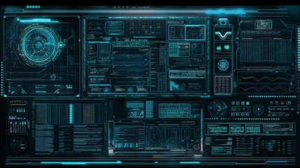 Wall Mural - Holographic interface background with luminous blue script codes, digital graphs, and transparent panels layered over a dark tech grid. tech wallpaper 