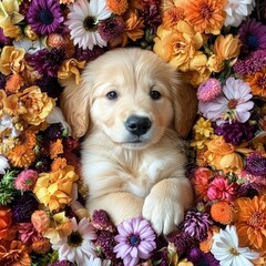 A fluffy golden retriever puppy nestled in a bed of flowers, looking cute and cuddly