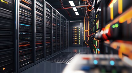 Poster - a detailed 3d visualization of a data center server room, filled with an array of server racks equip