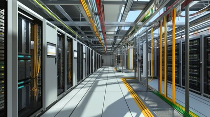 Poster - a detailed 3d visualization of a data center server room, filled with an array of server racks equip