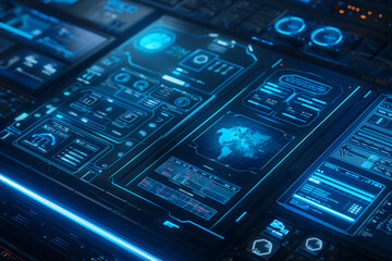 Poster - Holographic interface background with luminous blue script codes, digital graphs, and transparent panels layered over a dark tech grid. tech wallpaper 