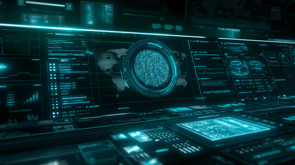 Poster - Holographic interface background with luminous blue script codes, digital graphs, and transparent panels layered over a dark tech grid. tech wallpaper 