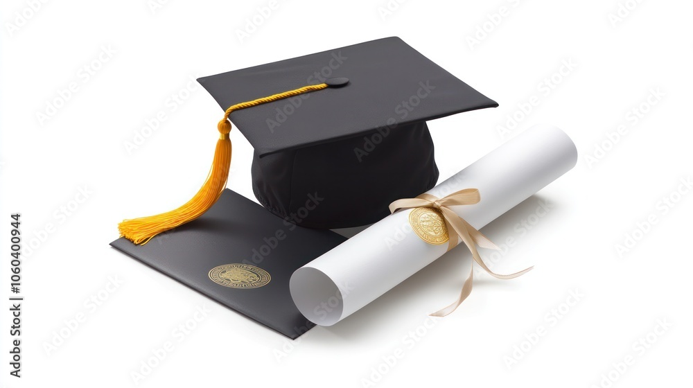 A graduation cap placed on top of a rolled diploma tied with a ribbon ...