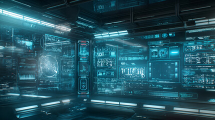 Poster - Holographic interface background with luminous blue script codes, digital graphs, and transparent panels layered over a dark tech grid. tech wallpaper 