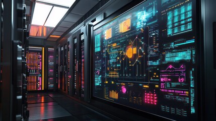 Poster - a detailed 3d visualization of a data center server room, filled with an array of server racks equip
