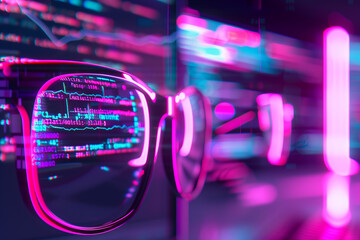 Poster - sleek virtual display with neon pink and purple data streams, layered computer code, and shifting li