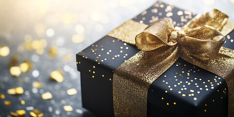 Wall Mural - Black Gift box with gold ribbon on glitter confetti background, creating a festive and luxurious presentation