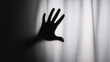 © VisionalMedia - Silhouette of a hand pressed against a white curtain in a black and white photo creating a mysterious and dramatic visual perfect for themes of suspense, intrigue, and artistic expression.