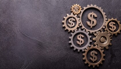 Close up Interlocking gears with dollar symbols, representing financial machinery, metallic texture business