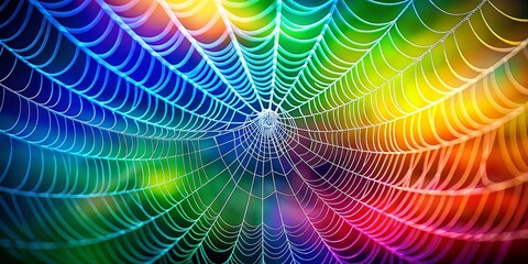 A delicate web of intricate patterns, shimmering with iridescent hues against a blurred backdrop of vivid colors.