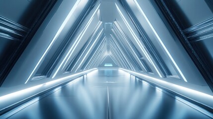 Poster - An abstract representation of a triangular spaceship corridor, featuring a blend of sleek metal surfaces and vibrant LED lighting.