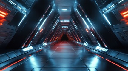 Poster - An abstract representation of a triangular spaceship corridor, featuring a blend of sleek metal surfaces and vibrant LED lighting.