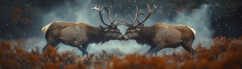 stag locking horns two majestic stags locking horns in a slowmotion battle during mating season, the