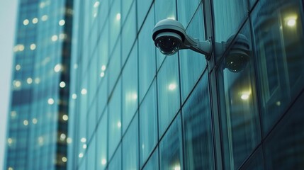 Poster - A sleek office building is equipped with surveillance cameras, reflecting the city lights as dusk settles over the area. Generative AI