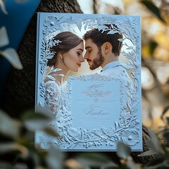 A wedding invitation with a white embossed floral design,  featuring a couple looking at each other, leaning in for a kiss. The card is attached to a tree branch with a blue background.