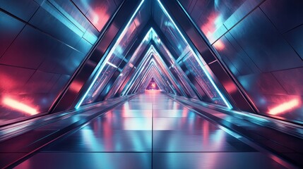 Poster - An abstract representation of a triangular spaceship corridor, featuring a blend of sleek metal surfaces and vibrant LED lighting.