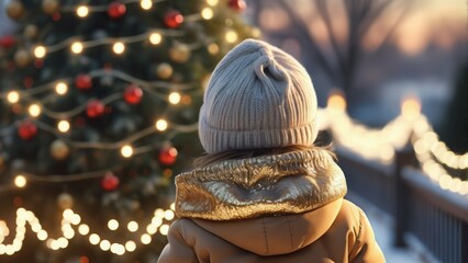 Wall Mural - A small child looks at Christmas decorations. Winter walk. Cozy Christmas