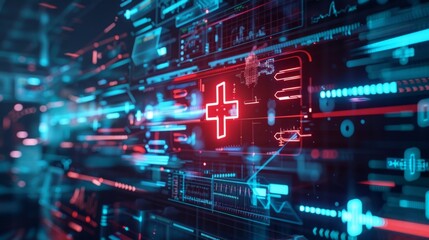 Poster - futuristic medical interface showing a glowing cross symbol, data analysis graphs, and various digit