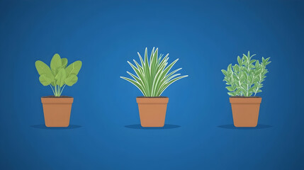 Three potted plants with green leaves on a blue background.