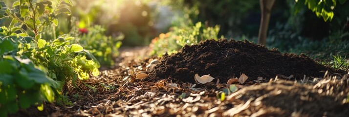 Poster - A vibrant garden thrives with plants growing next to a rich compost pile under warm afternoon sunlight. Generative AI