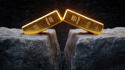 Two gold bars balanced on rough stones, symbolizing wealth and stability in finance.