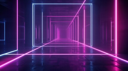 Poster - futuristic triangle corridor with neon lights illuminating the walls creating a symmetrical