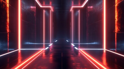 Poster - futuristic triangle corridor with neon lights illuminating the walls creating a symmetrical