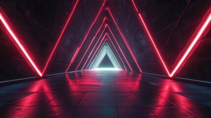 Poster - futuristic triangle corridor with neon lights illuminating the walls creating a symmetrical