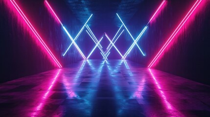 Poster - futuristic triangle corridor with neon lights illuminating the walls creating a symmetrical