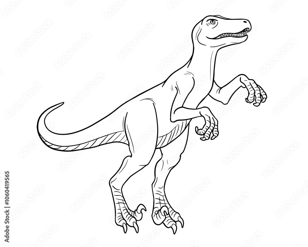 Vector line art illustration of dinosaur Raptor. Black and white ...