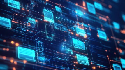 Poster - Abstract network grid with icons of files and folders floating in a virtual space symbolizing a digital document storage system,