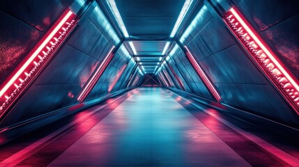 Poster - futuristic triangle corridor with neon lights illuminating the walls creating a symmetrical