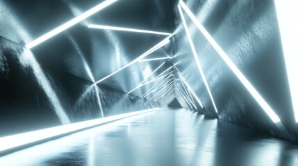 Poster - futuristic triangle corridor with neon lights illuminating the walls creating a symmetrical