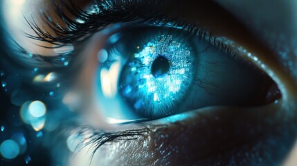 Fototapete - closeup of a human eye with a blue digital cyber electronic light beam reflecting across the iris,