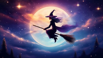 Wall Mural - witch flying over the moon