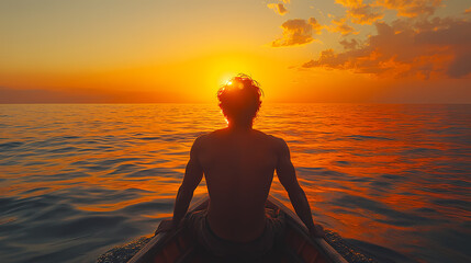 An unrecognizable silhouette of a man is seen standing on the edge of a boat in the sea, enjoying the sunset above ripples of water in Madagascar.