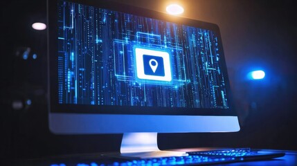 Poster - A digital protection icon appears on a computer screen surrounded by glowing blue and orange lights in a modern workspace. Generative AI