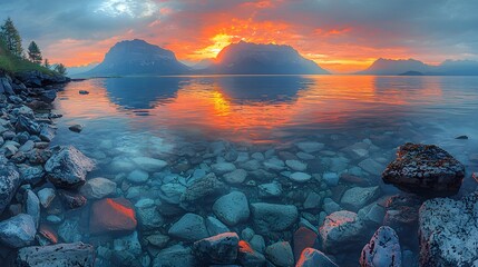 Poster - Serene Sunset Over Calm Mountain Lake