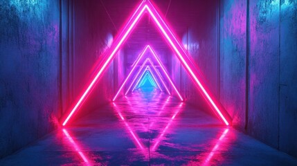 Poster - futuristic triangle corridor with neon lights illuminating the walls creating a symmetrical