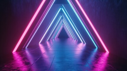 Poster - futuristic triangle corridor with neon lights illuminating the walls creating a symmetrical