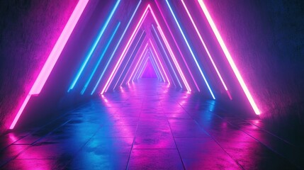 Poster - futuristic triangle corridor with neon lights illuminating the walls creating a symmetrical
