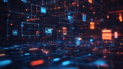 Poster - Abstract network grid with icons of files and folders floating in a virtual space symbolizing a digital document storage system,